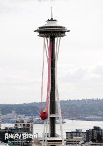 The March 2012 debut of Angry Birds Space included its introduction aboard the International Space Station and this bird attached to Seattle's Space Needle (image courtes Rovio).